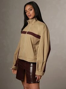 Hauture Women's American Retro Colorblock Stand Collar Windbreaker Jacket, Loose Fit Drop Shoulder Zip-Up Jacket For Autumn/Winter - Khaki - View 4