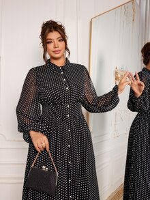 Modelyn Elegant Polka Dot Print Long Sleeve Cinched Waist A-Line Regular Fit Plus Size Dress For Spring And Autumn - Black - View 6