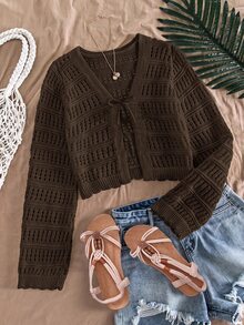 SHEIN 青少年女孩鏤空針織開襟衫，適合居家、休閒外出、海邊度假、聚會等多種場合，舒適百搭柔軟 - 棕色 - 查看 1