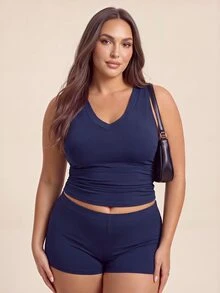 SHEIN Dewbera Women's Plus Size Solid Color V-Neck Back Cutout Design Sports Alternative Tank Top Gym Navy Blue Summer - Black and White - View 3