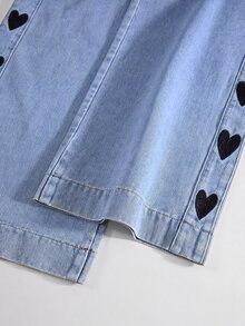 SHEIN CURVE+ Plus Size Heart Embroidery Elastic Waist Pocket Denim Jeans - Black - View 4