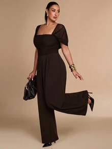 SHEIN BAE CURVE 大尺碼女款純色方領寬腿鬆身長褲連身衣，優雅風格 - 咖啡棕 - 查看 6