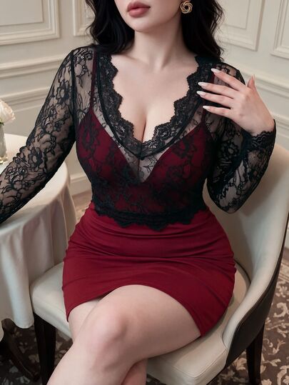 Vibekara Atmospheric Minimalist Sexy Eyelash Embroidery V-Neck Thin Long Sleeve Mesh Cover-Up, Soft Fitted Camisole Inner, Slimming High Waist Bodycon Mini Skirt, Minimalist Sexy Eyelash V-Neck Long Sleeve Mesh Cover-Up, Fitted Camisole Bodycon Mini Skirt