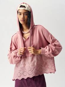 Bohemela Women's Burnout Embroidery Casual Daily Wear Hooded Sweatshirt - Dusty Pink - View 6