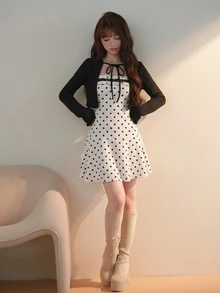 FRIFUL Women's French Polka Dot Print Bandeau Dress With Long Sleeve Cardigan 2 Pieces Set Fall - Black - View 4
