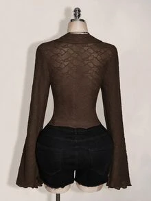SHEIN ICON ICON PLUS 生菜邊飾不對稱下擺透視上衣 無內衣設計 大尺碼女式襯衫-1891,Y2k秋季 - 棕色 - 查看 2