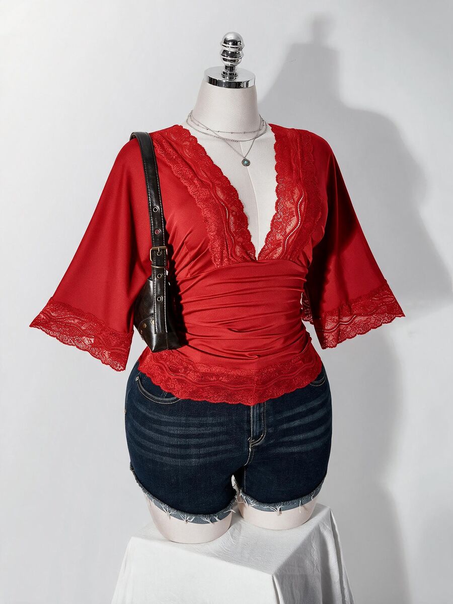 SHEIN ICON 女款大尺碼復古性感千禧風Y2K簡約休閒優雅通勤都市現代蕾絲P - 紅色 - 查看 1