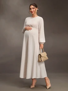 Cheriluna Maternity Maternity-D Women's White Round Neck Long Sleeve Waist-Cinching Long Maternity Dress, Spring/Autumn Fall Photoshoot Baby Shower Elegant Chic - Apricot - View 6