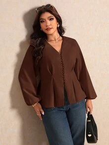 Elaquor 大尺碼優雅通勤純色燈籠袖女式襯衫 - 咖啡棕 - 查看 3
