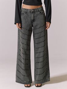 MUSERA Jeans de mezclilla gris lavada con adornos y corte láser, para verano y otoño, para salir, festival, estilo chica cool, Furiosa, Halloween - Negro - Ver 2