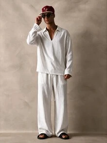 Musero Sold As One V Neck Long Sleeve Shirt Wide Leg Trouser Pant Striped Set Spring Summer Essentials - White - View 1
