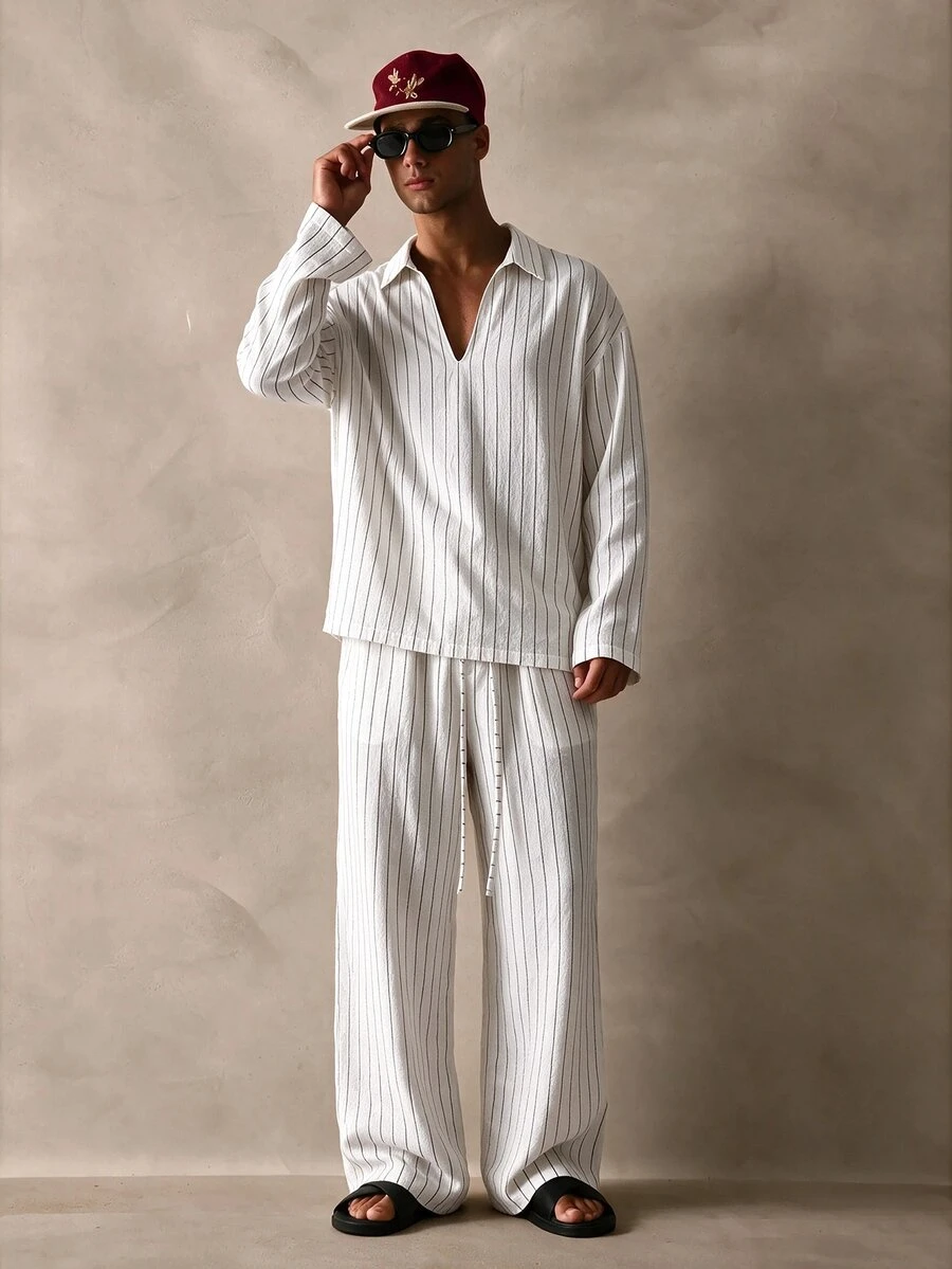 Musero Sold As One V Neck Long Sleeve Shirt Wide Leg Trouser Pant Striped Set Spring Summer Essentials - White - View 1