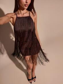 SHEIN BAE Brown Halter Backless Tassel Mini Dress, Suitable For Music Festivals, Parties, Carnivals, Outings, Fashion Styling - Brown - View 6