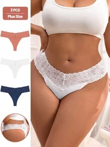 NudeFit 3件組女款大尺碼低腰純色花卉蕾絲性感丁字褲 - 彩色 - 查看 3