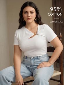 Anewsta Plus Size Women's Solid Color Metal Decor Casual Daily T-Shirt - White - View 4