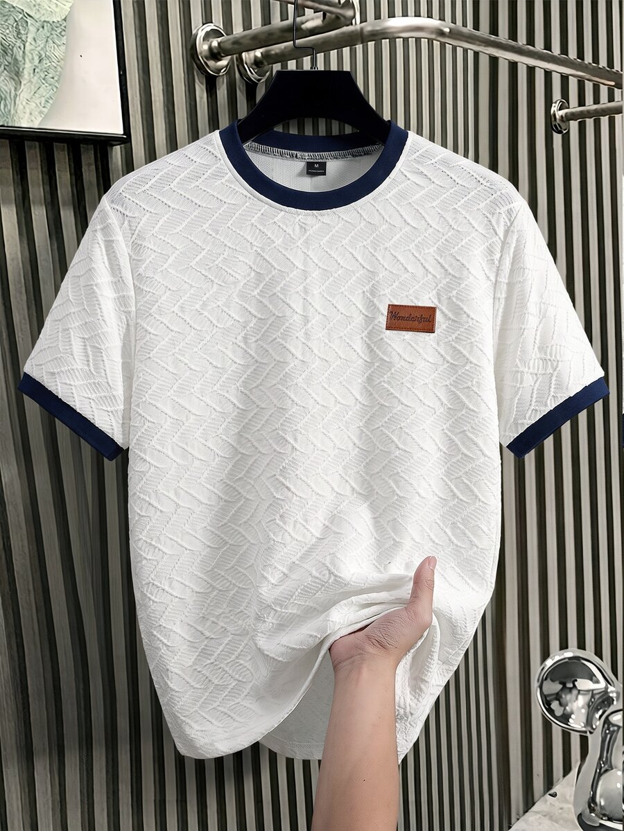 Manfinity Homme Men's Knitted Jacquard Solid Color Textured Collar & Cuff Ribbed Wonderful Leaf Pattern T-Shirt - White - View 1