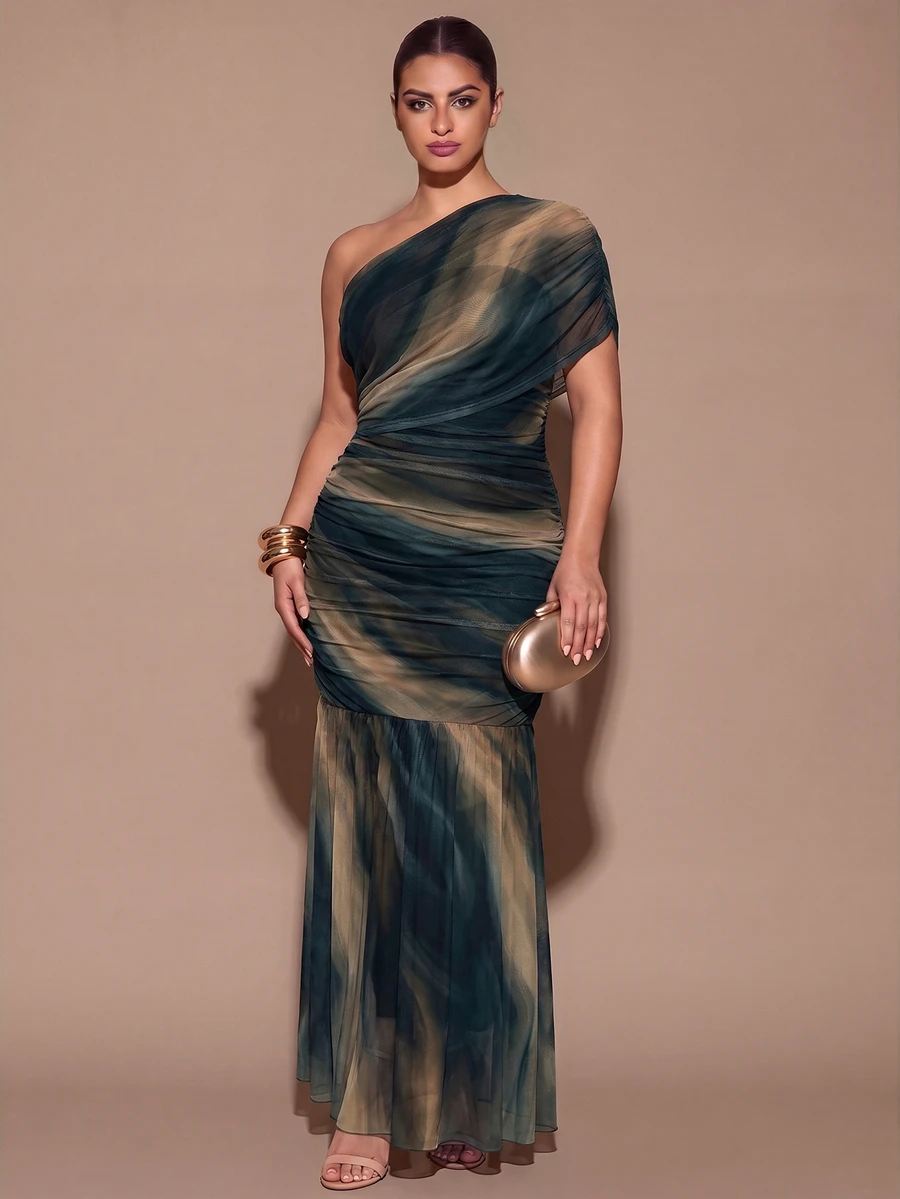 SHEIN BAE CURVE Plus Size Women's Tie-Dye One Shoulder Ruched Dress Fall - Multicolor - View 1