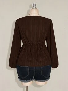 SHEIN ICON 女款大尺碼黑色紋理扭轉前襟燈籠袖上衣 - 棕色 - 查看 2