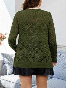 Easowa Curve Plus Size Solid Color Hollow Knit Cardigan - Army Green - View 4