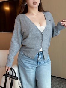Vibekara Plus Size Simple Elegant Women's Deep V-Neck Long Sleeve Cardigan Sweater, Suitable For Autumn/Winter - Grey - View 6