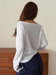DAZY White Cold Shoulder Printed Pattern Loose Thin Long Sleeve Casual Y2k Daily Wear Contrast Color T-Shirt Top Fall Graphic Tees Everyday Going Out - White - View 2