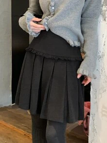 DAZY Black High Waist Ruffle Decor Pleated Puff Skirt Sweet Academic Style Women's Skirt Fall - Grey - View 1