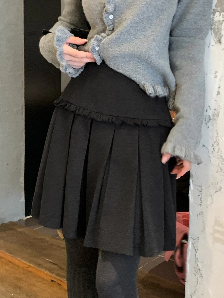 DAZY Black High Waist Ruffle Decor Pleated Puff Skirt Sweet Academic Style Women's Skirt Fall - Grey - View 1