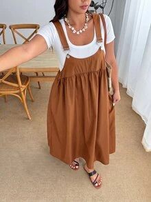 Enliva Plus Size Loose Black Strap Dress - Brown - View 8