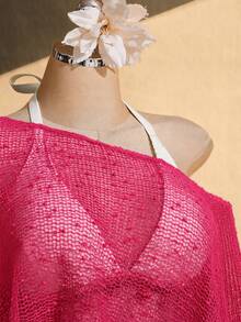 SHEIN ICON 女款大尺碼春夏鏤空網紗杏色上衣 - 玫紅色 - 查看 4