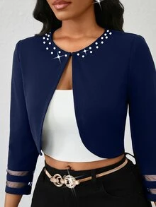 SHEIN Lady 女款薄款領口鑲鑽夾克上衣，適合生日與活動／辦公室／教堂／婚禮／假日，秋冬女式上班穿搭 - 藏蓝色 - 查看 8