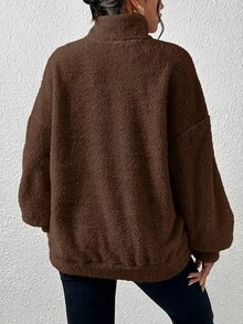 SHEIN EZwear 女款純色落肩長袖半拉鍊口袋休閒運動衫 - 棕色 - 查看 2