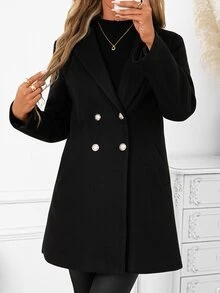 SHEIN Clasi Women's Fashion Button Pocket Long Sleeve Overcoat - Black - View 3