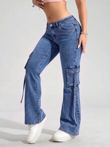 SHEIN PETITE Celana Jeans Denim Model Bell Bottom Pinggang Rendah Kasual dengan Desain Washed - Biru - View 4