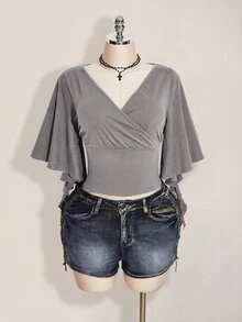 SHEIN ICON 女款大尺碼交叉V領抓褶純色T恤 - 灰色 - 查看 3