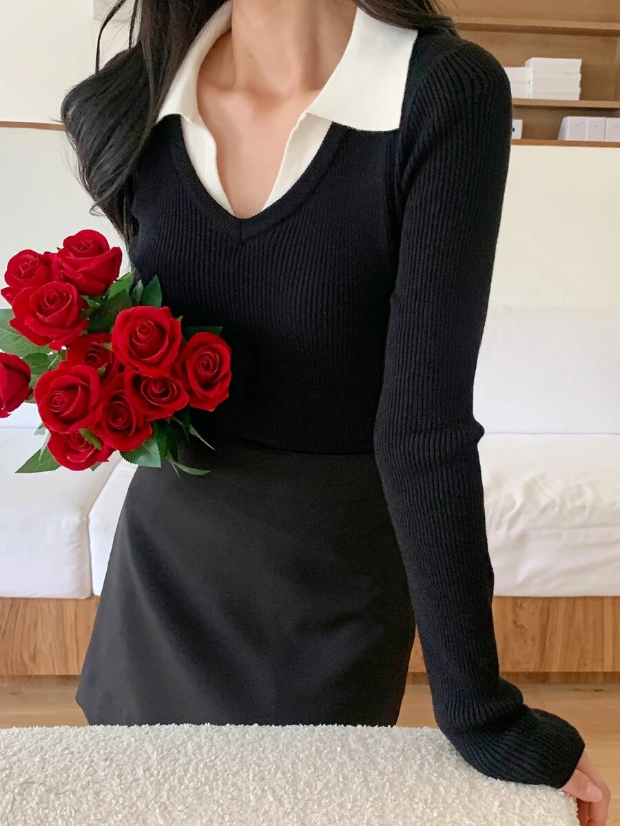 DAZY Women's Korean Style Colorblock Long Sleeve Sweater For Daily Wear - Black - View 1