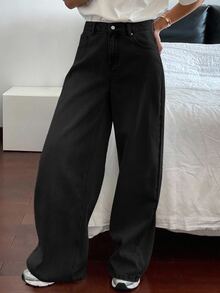 DAZY Teen Girl Pocket Wide Leg Loose Casual Versatile Denim Jeans - Black - View 2