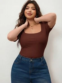 Enliva Plus Size Women's High Elasticity Fitted Square Neck Short Sleeve T-Shirt, Skin-Friendly Spring/Summer Style, Flattering For Round Body Shape (Suitable For Apple-Shaped Body) - Rust Brown - View 7
