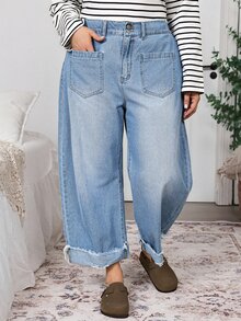 EMERY ROSE Plus Size Women's High-Rise Barrel Jeans, Light-Wash Wide-Leg Denim,Vacation Outfit,Halloween,Christmas,New Year,Party,Luxury,Elegant ,Concert - Blue - View 4