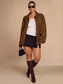 SHEIN BAE CURVE 大尺碼女款卡其色寬鬆方正夾克外套 冬季 - 巧克力棕 - 查看 5