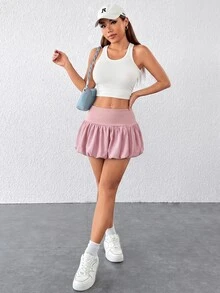 SHEIN PETITE 女款純色高腰荷葉邊迷你裙 - 粉色 - 查看 5