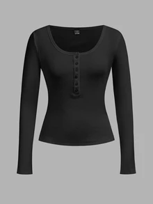 Tseoso 2pcs Henley Collar Button Front Long Sleeve T-Shirt Set (Black & White) - Suitable For Autumn, Winter, Spring, Combining Casual Vintage Classic, Sweet Girl And Minimalist Fresh Styles - Black and White - View 5