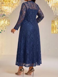 Fleurora Plus Size Women Solid Color Spaghetti Strap Dress And Lace Cardigan Fashion 2 Pieces Set - Navy Blue - View 6