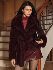 Anewsta Women's Autumn/Winter Short Faux Fur Coat With Large Lapel And Tie - Burgundy - View 3