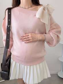 Dazy Maternity Contrast Color Tie Bow Asymmetric Shoulder Asymmetric Neck Long Sleeve Casual Vacation Korean Style Autumn/Winter Knit Sweater Maternity - Pink - View 3