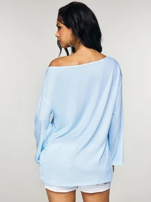 THE POWERPUFF GIRLS X SHEIN Women's Letter Print Drop Shoulder Long Sleeve Casual T-Shirt - Baby Blue - View 2