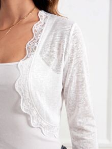 SHEIN Clasi 女款對比色蕾絲飾邊 3/4 袖開襟輕量夾克 - 白色 - 查看 8