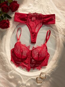 Crystal Vow Romantic Lace & Mesh Underwire Lingerie Set, 2 Pieces - Burgundy - View 3