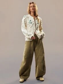 SHEIN Handmade 3D Pom Pom Floral Embroidered Chunky Knit Cardigan, Off-White Round Neck Loose Petal Sleeve Knitted Jacket - Apricot - View 6
