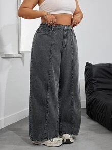 SHEIN PETITE CURVE 大尺碼女款休閒日常牛仔褲，附口袋與鈕扣設計 - 灰色 - 查看 1