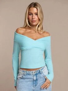 SHEIN BAE Women's Solid Mint Green Off-Shoulder Long Sleeve Knit Striped Top, Autumn/Winter - Mint Green - View 5
